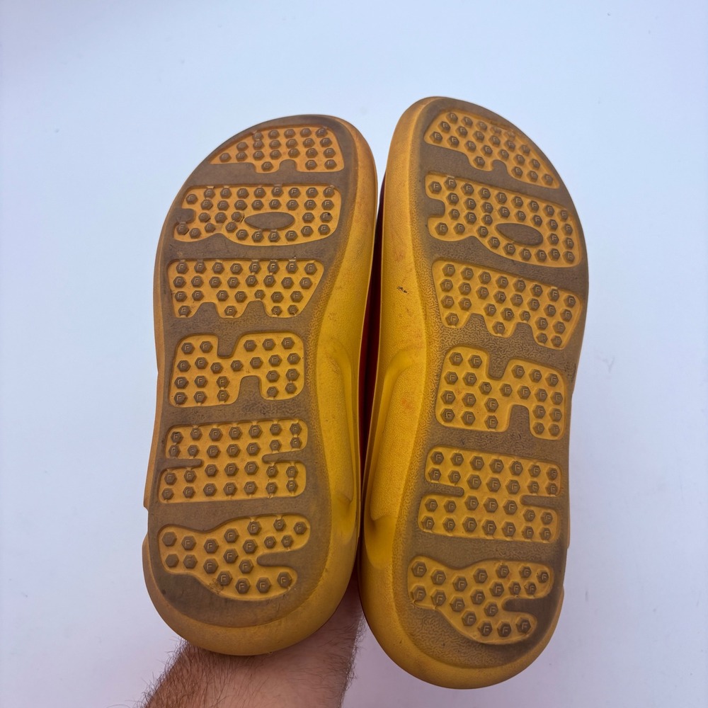 Freshly Red Yellow Rubber Slide Sandals Men 8 Women 10 Embossed Logo Streetwear - Picture 5 of 7